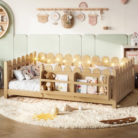 Bellemave Twin Size Floor Bed with Bookshelf and LED Lights, Wood Montessori Bed Frame with Cute Safety Guardrails & Wood Slats Support for Kids Boys Girls, No Box Spring Needed, Natural