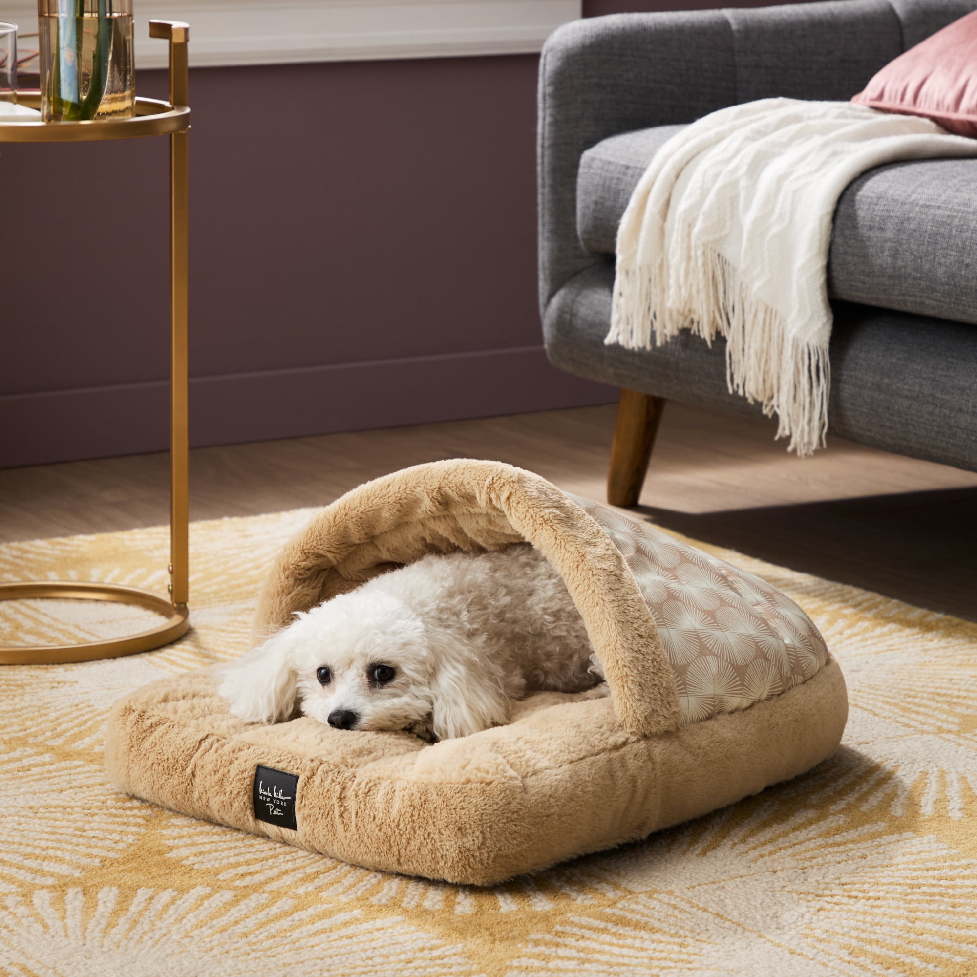 NICOLE MILLER NEW YORK PET Kendall Fluted Geo Cozy Slipper Cave Pet Bed, Cozy & Calming, Water Repellent, Non-Slip Bottom, Machine Washable, Taupe, Small 22"x17"x11"