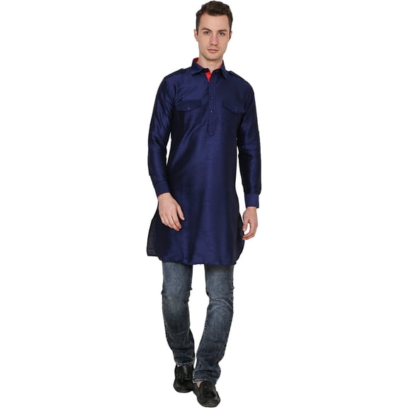 Royal Men's Pathani Silk Blend Kurta & Churidaar Set Blue