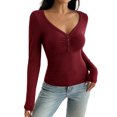 thumbnail image 4 of Fengqque Women’s Henley V Neck Long Sleeve Casual Top, Ruched Front Button Detail Slim Fitted long sleeve tee , Soft Stretchy Basic Top for Fall Winter Wine, 4 of 9