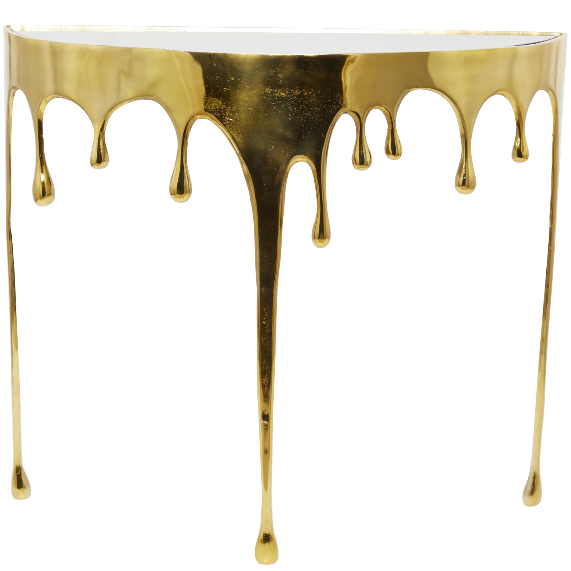DecMode 36" x 32" Gold Aluminum Metal Half Moon Drip Abstract Console Table with Melting Designed Legs and Black Glass Top, 1-Piece