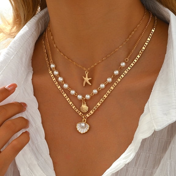 NICKSUN Layered Starfish Shell Necklace for Women Gold Pearl Shell Starfish Fishtail Charm Necklacs Boho Ocean Pendant Necklaces Summer Beach Jewelry Gifts