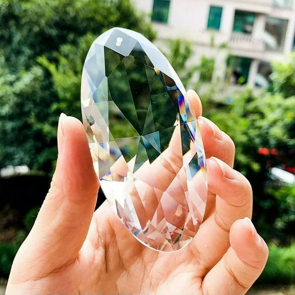 EOEMY 89mm Flat Oval Diamond Crystal Suncatcher Feng Shui Faceted Prism Glass Hanging