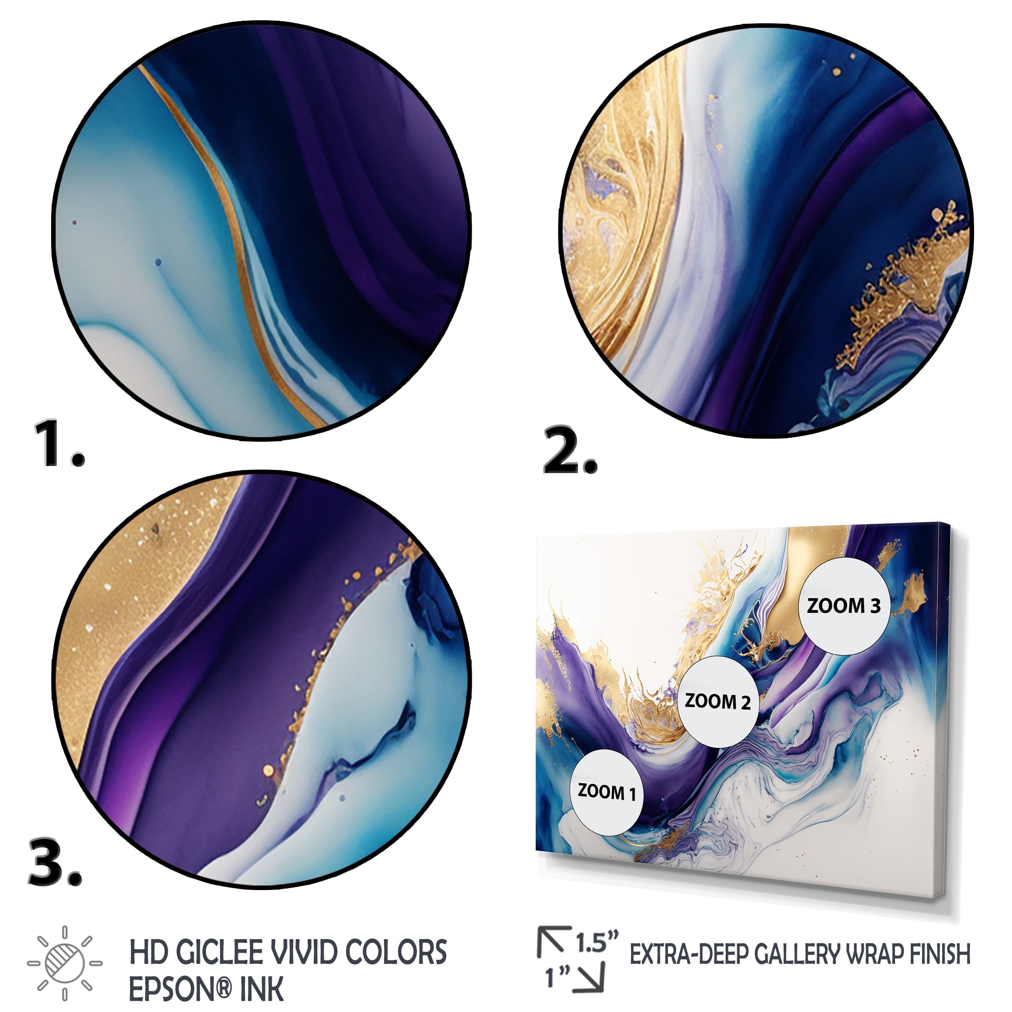 Designart Blue, Gold And Purple Splash Paint III Canvas Wall Art