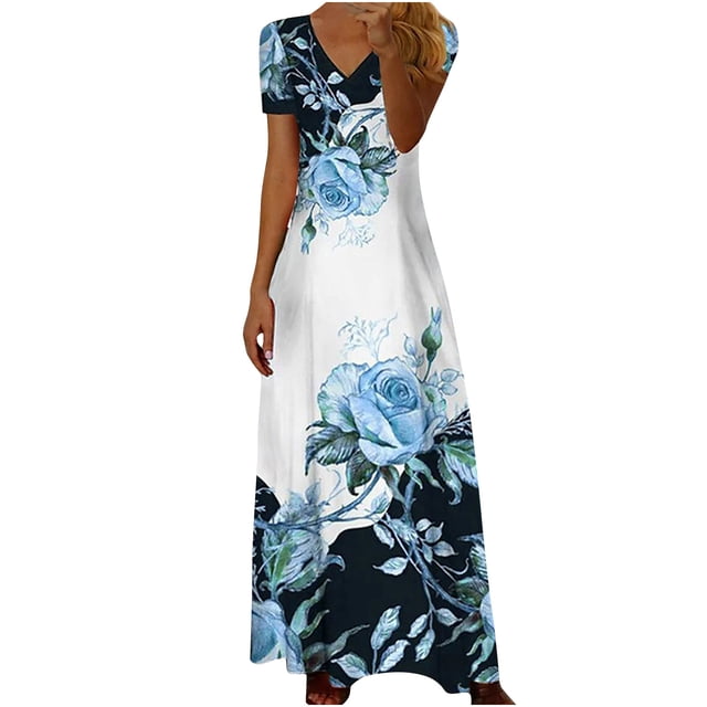QIPOPIQ Robes pour Femmes Robe Évasée à Étages Manches Courtes Printemps et Loisirs Vacances Été Robe Midi Col en V Robes Décontractées Robe Imprimée Offres 2023