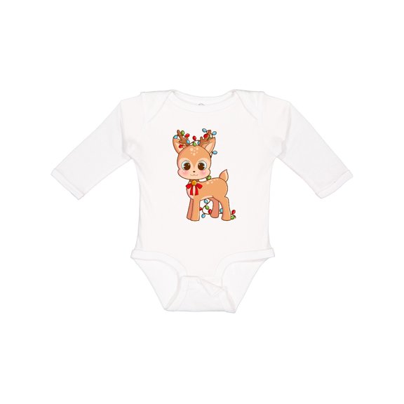 Inktastic Cute Christmas Reindeer with Christmas Lights Boys or Girls Long Sleeve Baby Bodysuit