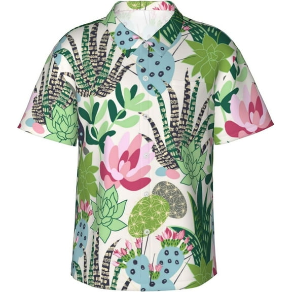 Green Plam Leaf Mens Hawaiian Shirt Short Sleeve Casual Button Up Tropical Summer Beach Shirt