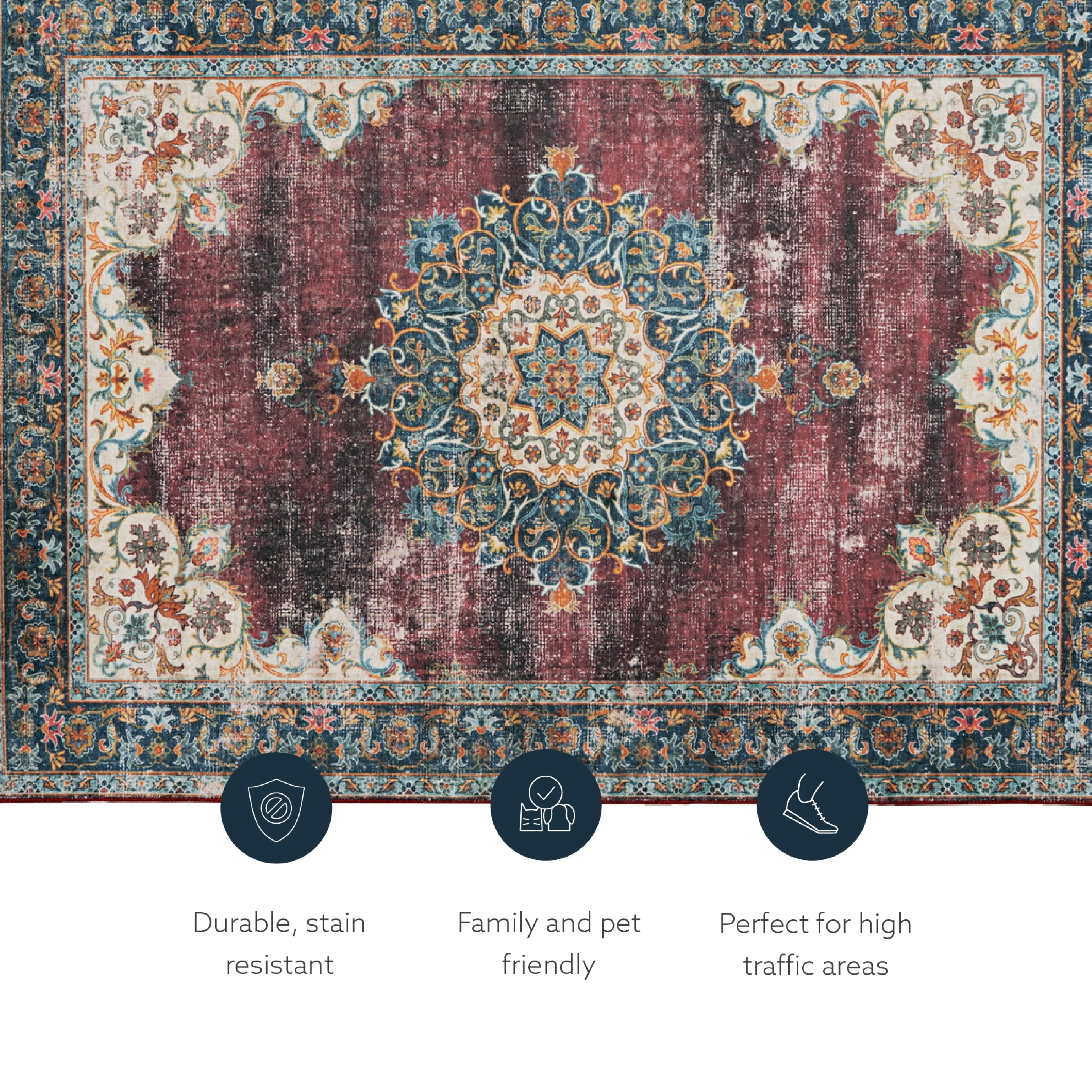 Linon Home Décor Washable Bryant Area Rug or Runner Collection, Ivory and Burgundy, 5' x 7'
