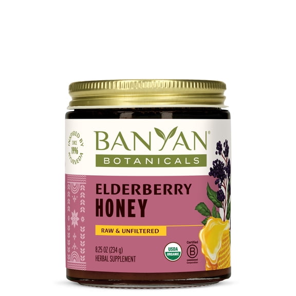 Banyan Botanicals Elderberry Honey – Organic Herbal Honey with Sambucus & Amla ­­– Immune Support for Kids & Adults* – 8.25 Oz – Raw & Unfiltered, Pollinator-Friendly, Sustainably Sourced