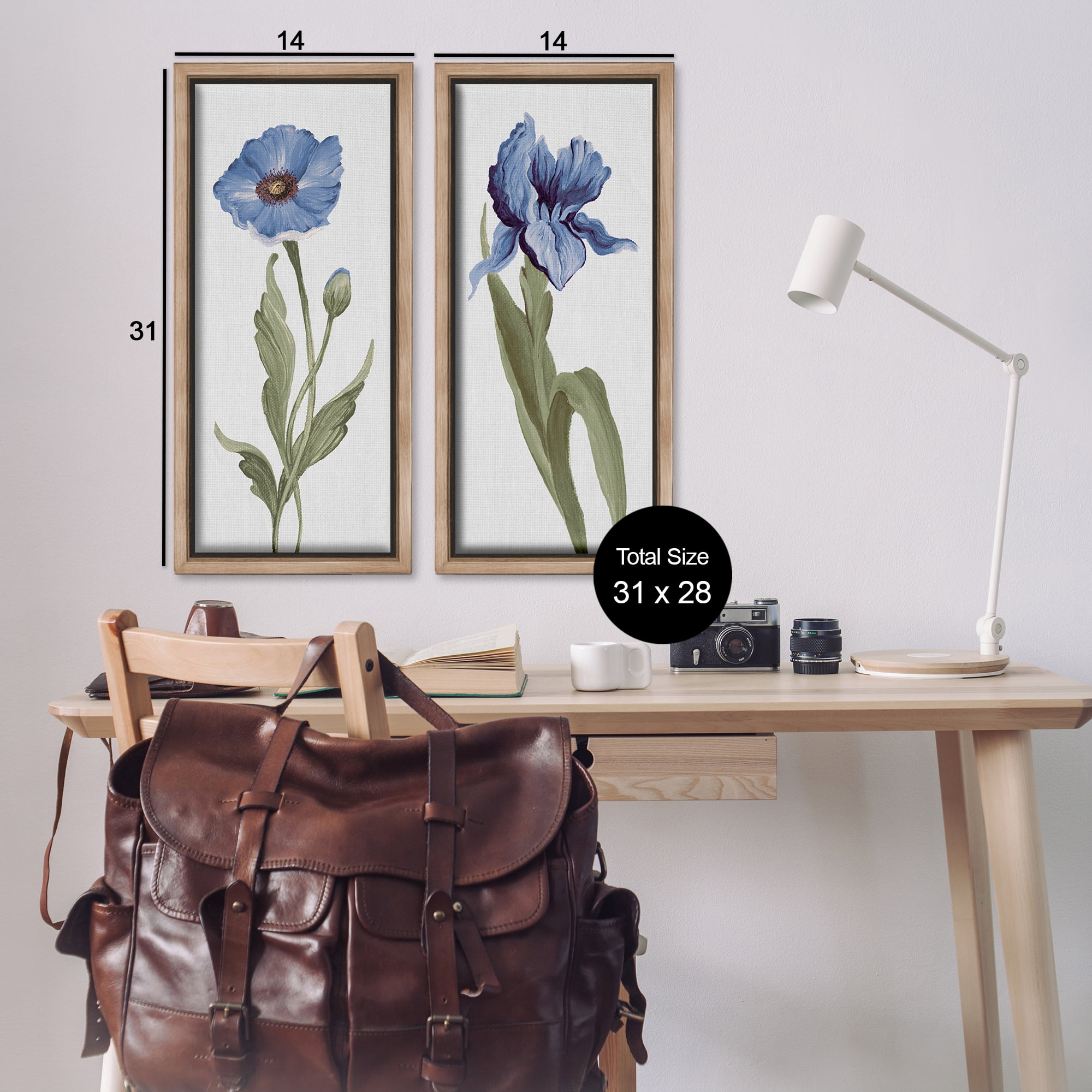 Stupell Industries Blue Poppy and Iris Flowers Plants & Flowers Painting Brown Floater Framed Canvas Art Print Wall Art, 14 x 31, Set of 2