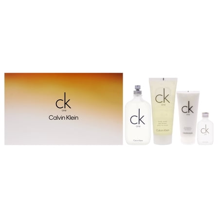 CK One by Calvin Klein for Unisex - 4 Pc Gift Set 6.7oz EDT Spray, 6.7oz Skin Moisturizer, 3.3oz Body Wash, 0.5oz EDT Splash