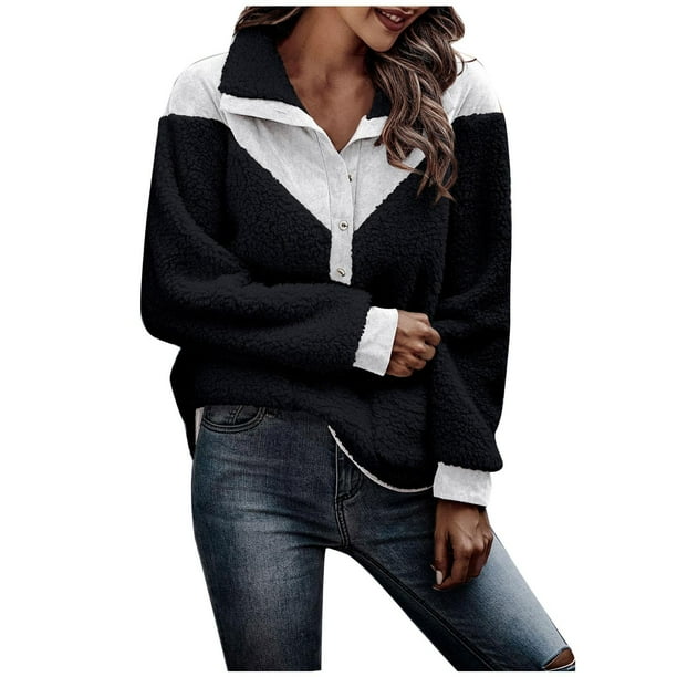 Suéter de cuello alto con bolsillo de botones de patchwork de manga larga para mujer Pompotops hdfakjf10154