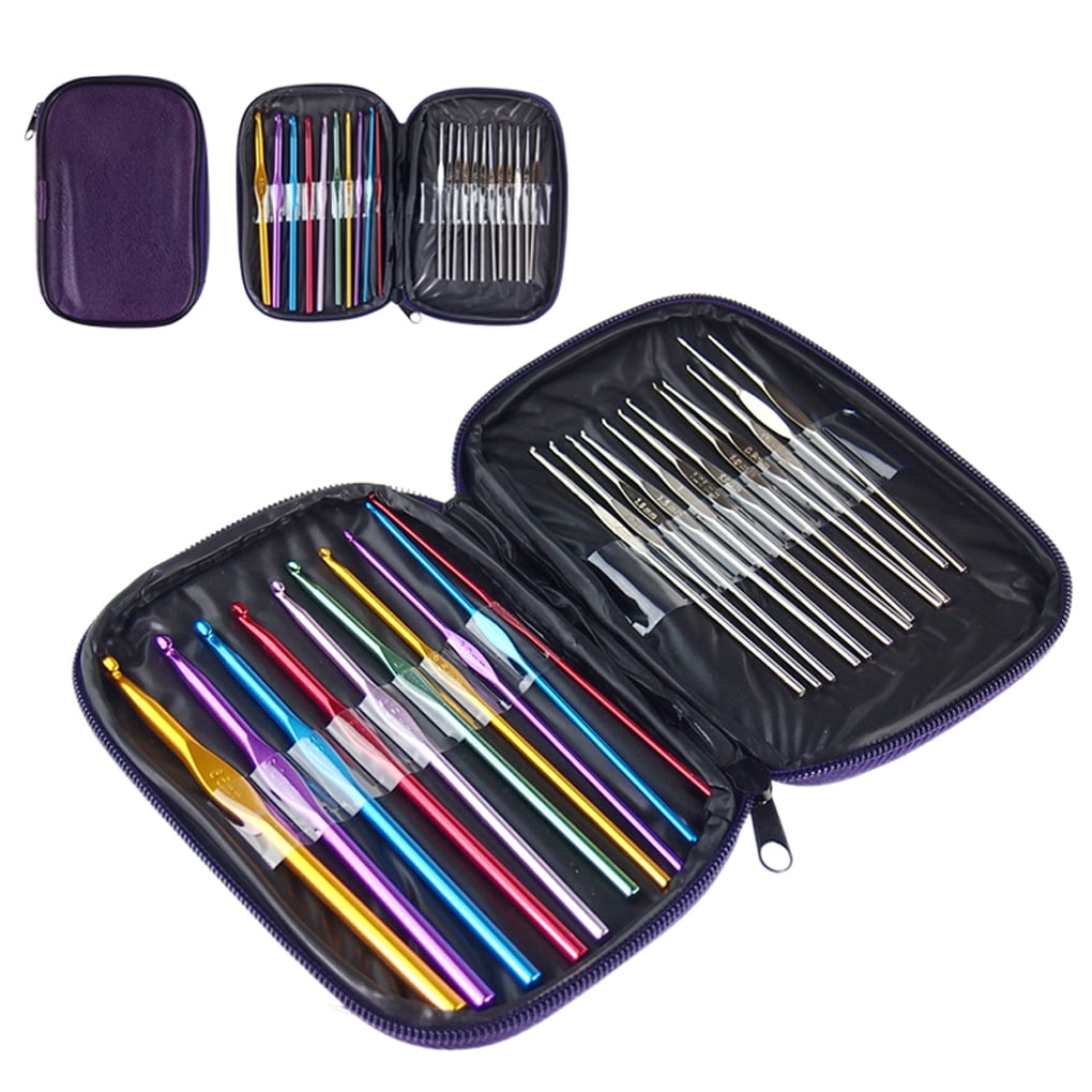 Bonrich 22Pcs Metal Handle Crochet Hook Knitting Knit Tools Sweater Pin Color + Silver Metal Crochet Leather Set