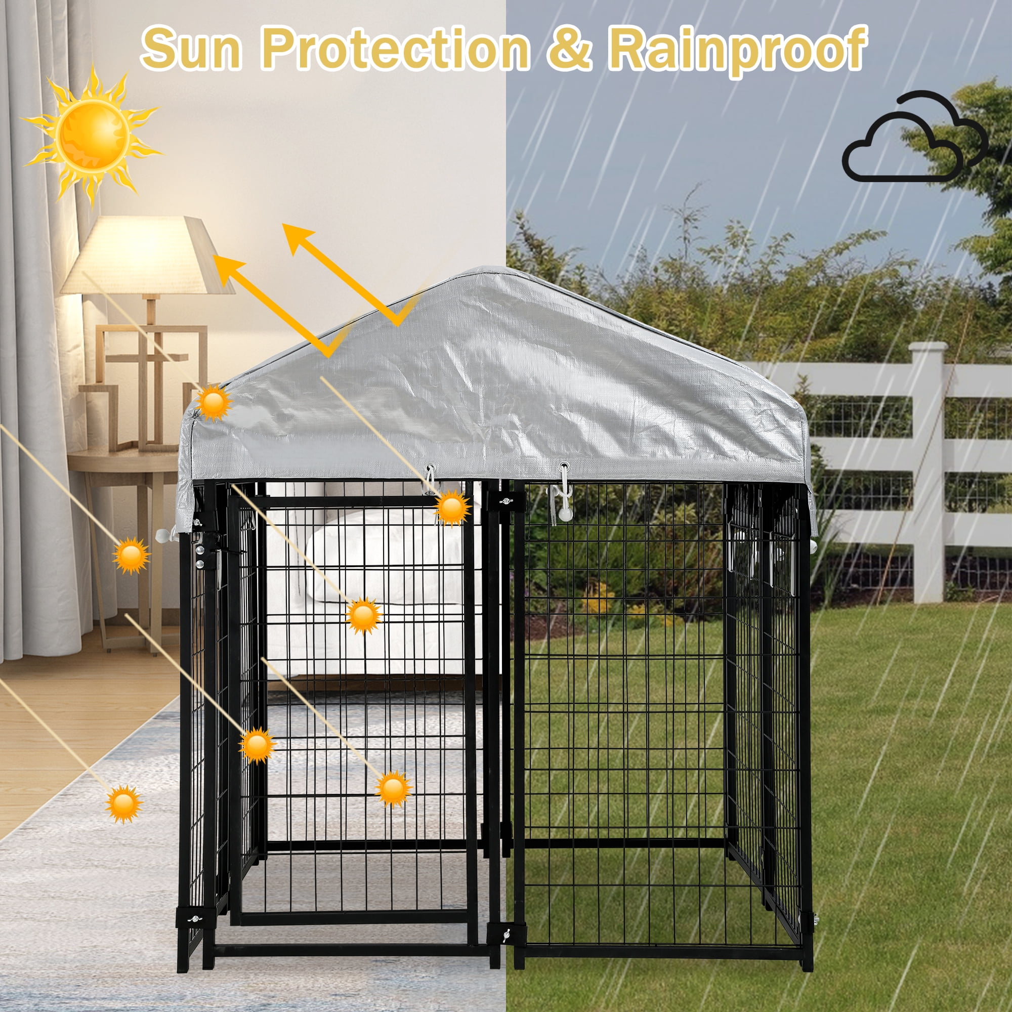 YRLLENSDAN 4 x 4 x 4.4 Ft Dog Kennel Outdoor Dog Pen Playpen House Heavy Duty Dog Crate Metal Galvanized Welded Pet Animal Camping Cage Fence with UV-Resistant Waterproof Cover and Roof