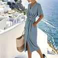 thumbnail image 6 of Taylonsss Womens V Neck Short Sleeve Knot Waist Slit Wrap Solid Color Midi Dress Casual Effortless Summer Beach Brunch Office Wear, 6 of 8