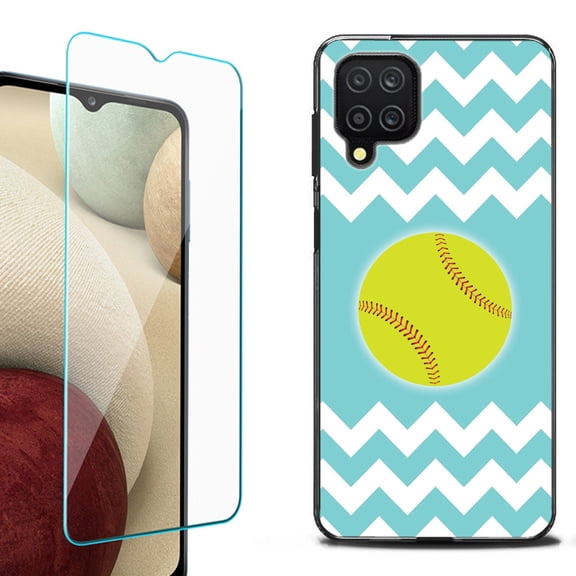 Slim-Fit Flexible TPU Gel Phone Case (black) for Samsung Galaxy A12, with Tempered Glass Screen Protector, by OneToughShield ® - Chevron/Teal/Softball