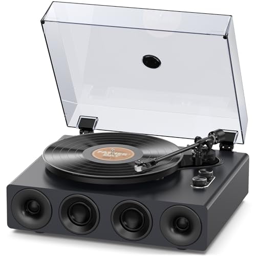 Tocadiscos estéreo todo en uno con transmisión por correa 1 by ONE, tocadiscos inalámbrico con transmisión por correa de alta fidelidad con parlantes incorporados, cartucho magnético AT-3600L, preampl