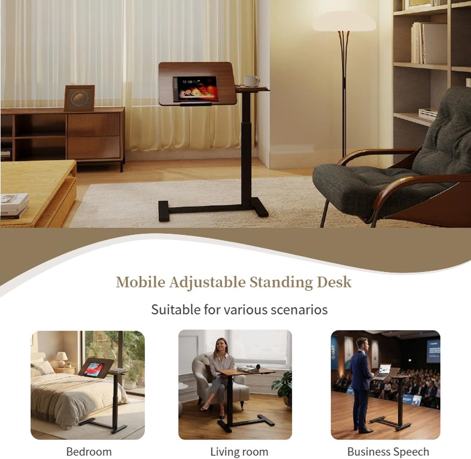 YWEN Small Mobile Standing Desk with Wheels, Adjustable Overbed Bedside Table with Flip Desktop, Rolling Laptop Desk for Hospitall & Home Office