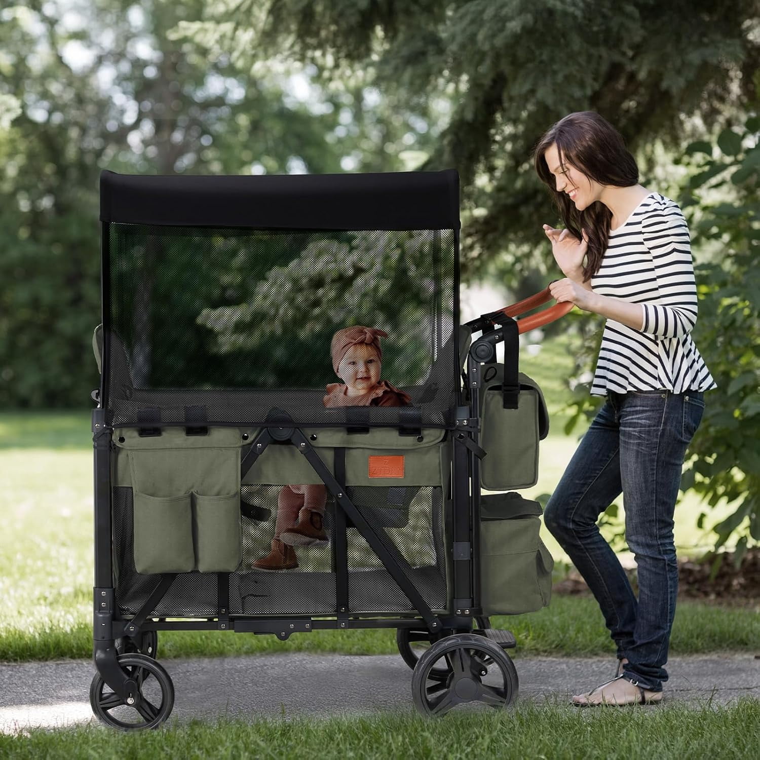 UBesGoo Wagon Stroller for 2 Kids, High Seat, Foldable All-Terrain Wagon for Toddler with Removable Canopy, Adjustable Handlebar, Large Storage Bag, Green