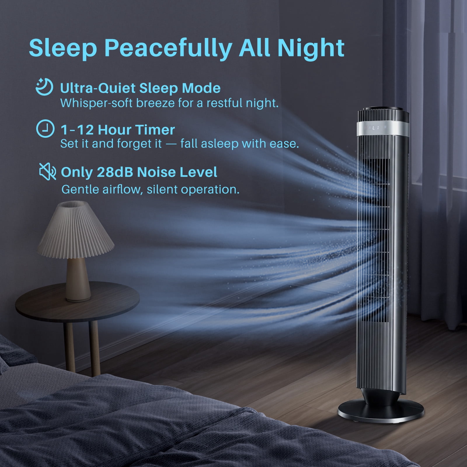 Tower Fan for Home, 64° swivel Standing Floor Fan with Remote, Bladeless Fan Cold Air Quiet, 5 Speeds, 4 Modes, LED Display, Black