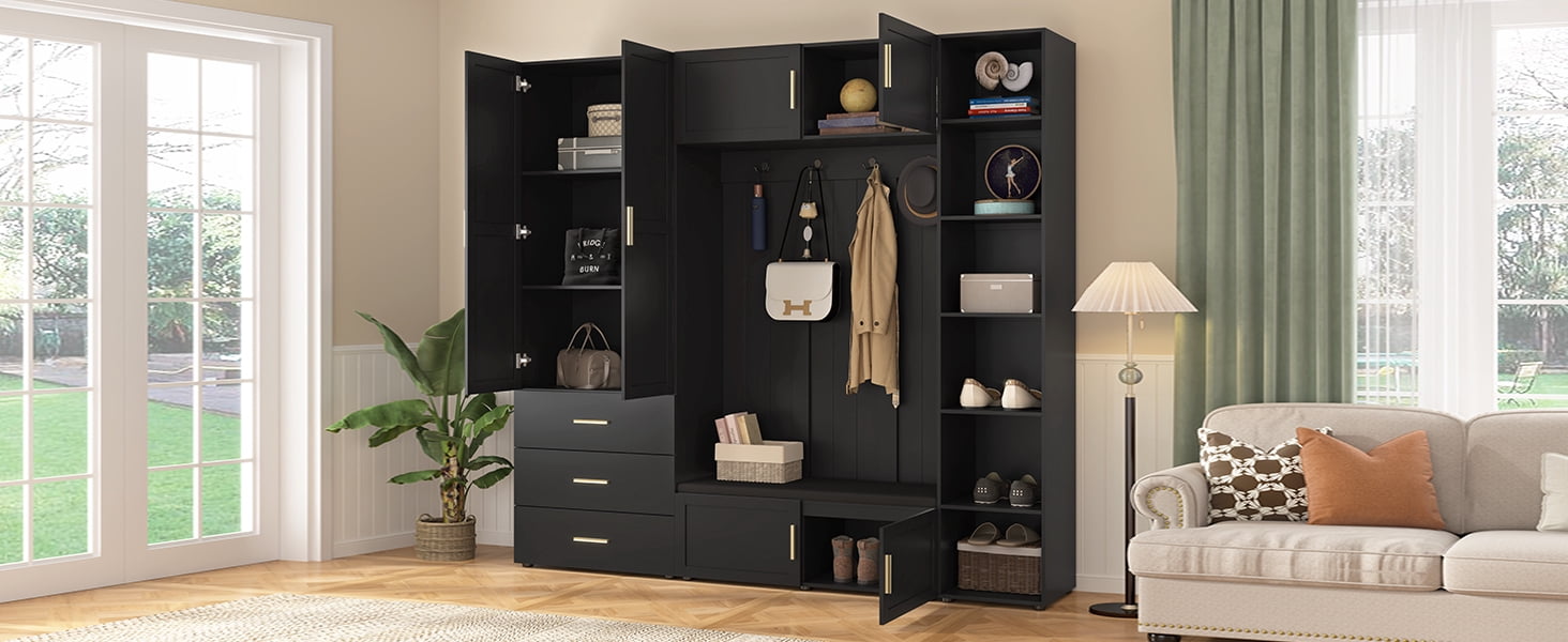 Mintazer 4‑in‑1 Hall Tree with Cushioned Shoe Bench & Hooks, Entryway Storage Organizer with Cabinets & Drawers, Adjustable Shelves for Mudroom Hallway, Black