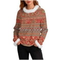 thumbnail image 2 of JTZGDY Fuzzy Trim Sweatshirts for Women Lightweight Casual Winter Warm Long Sleeve Striped/Color Block/Plaid/Floral Printed Crewneck Pullover Tops Loose Oversied Graphic T-Shirts Red#03 XXXL, 2 of 7