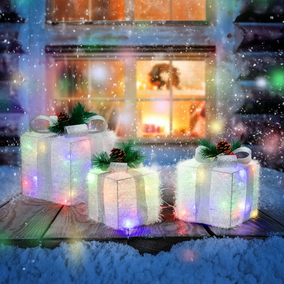 YUNOVA Lighted Christmas Gift Boxes Set of 3 - Nestable LED Outdoor Decor with Multi-Color Lights, Battery Powered Holiday Displa for Tree Porch Yard