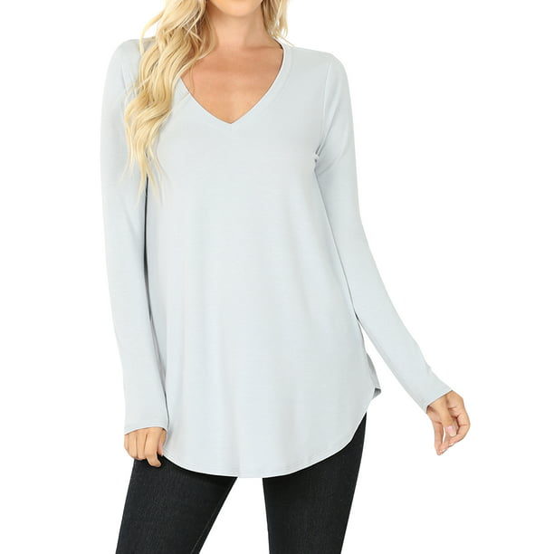 TheLovely - Women & Plus(S-3X) Relaxed Fit Long Sleeve V-Neck Round Hem ...