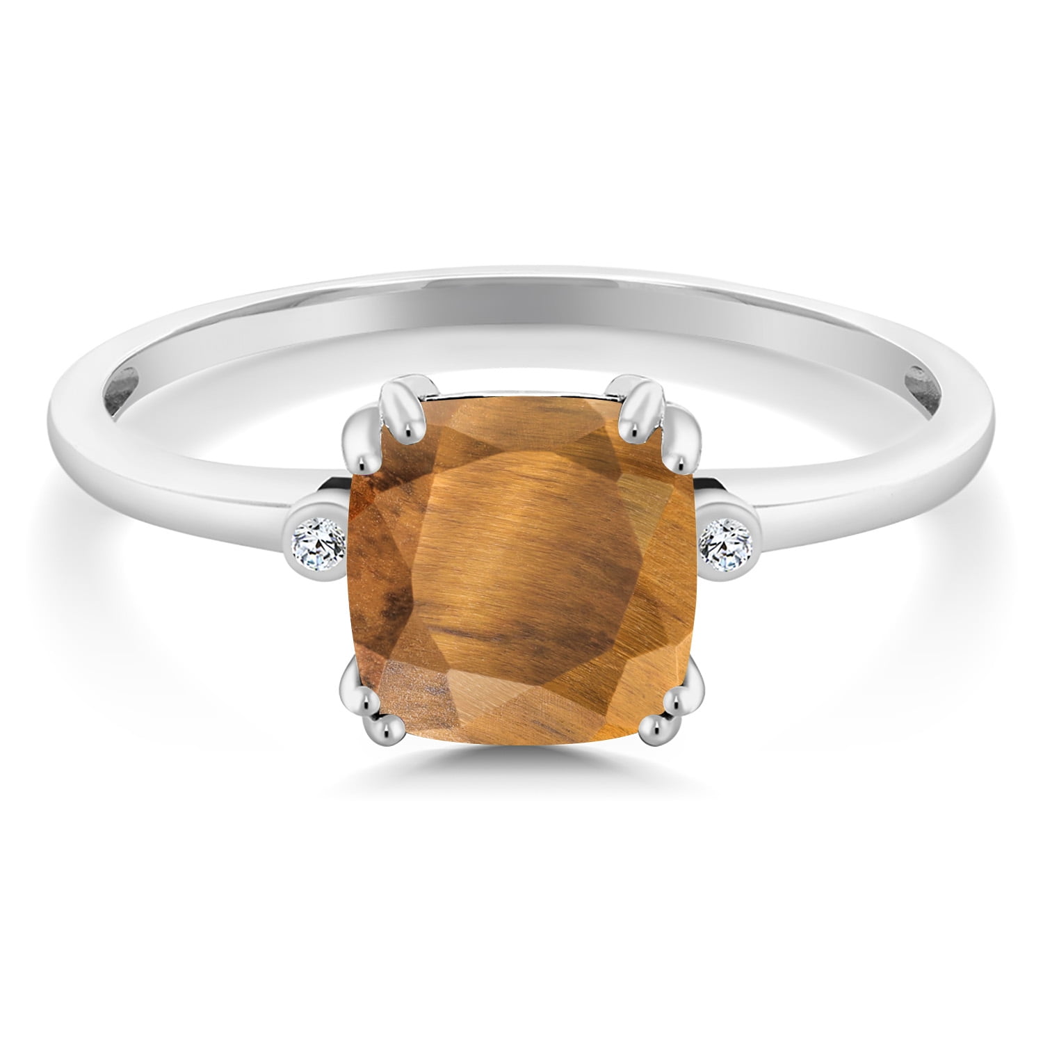 Gem Stone King 2.01 Ct Cushion Brown Tiger Eye White Diamond 10K White Gold Ring