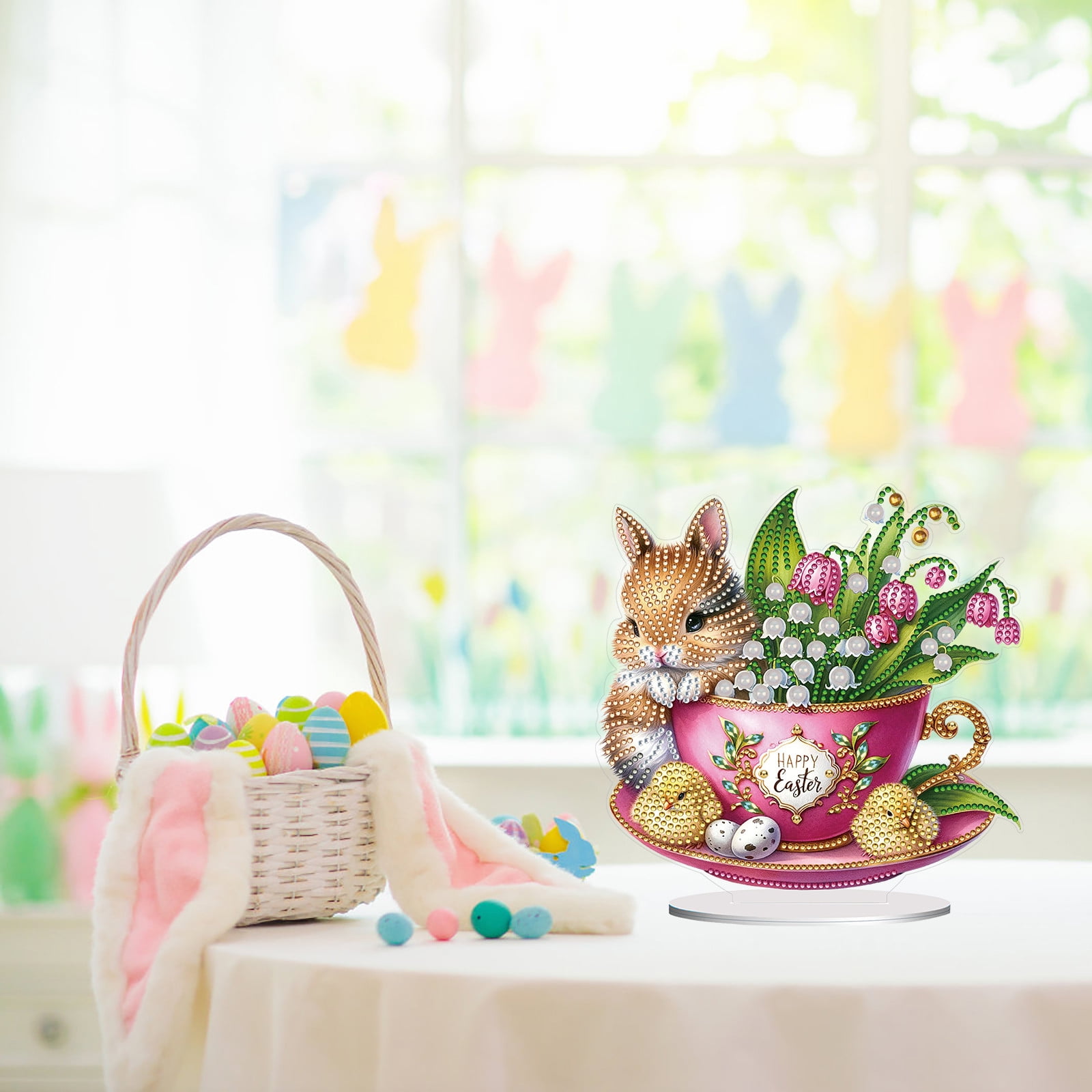 FLOPESN DIY Diamond Art Painting Easter Bunny Ornament Kits with Oval Base, Single-Sided Diamond Painting PET Craft for Home Decor