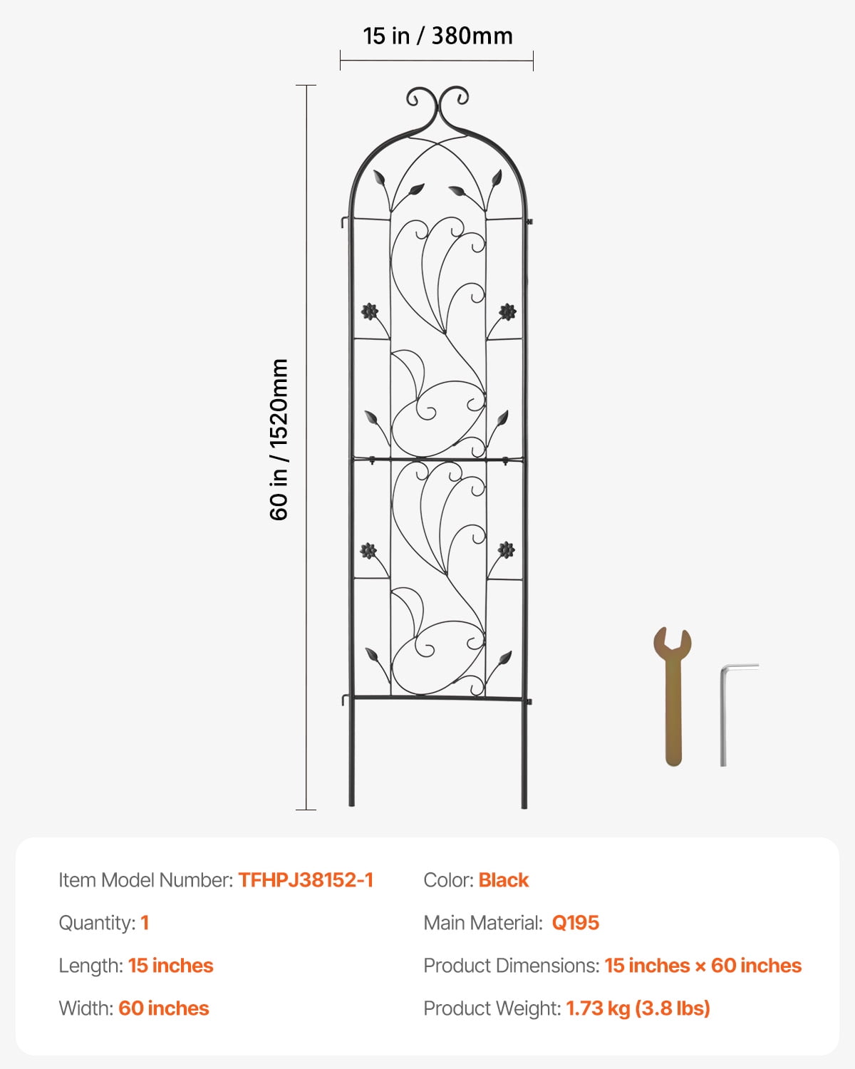 VEVOR Garden Trellis for Climbing Plants, 60 x 15 in, Rustproof Metal Garden Flower Trellis, Outdoor Climbing Rose Trellis Cucumbers Support, Decorative Tall Clematis Trellis for Courtyards Lawns