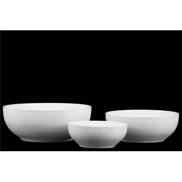Collection de Tendances Urbaines 56305 Pot Rond en Grès avec Motif Gravé Horizontal Corps & Fond Effilé & 44; Brillant & Blanc - Lot de 3