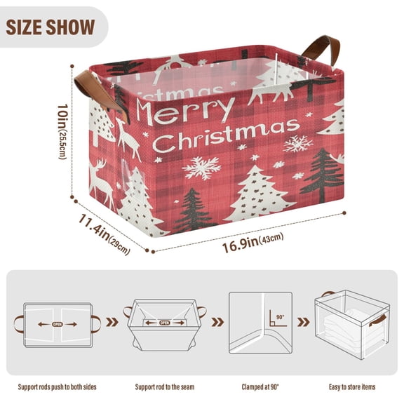 BZSMCE Collapsible Fabric Cube Storage Bins Dark Red Plaid and Reindeer Design Pattern Storage Box