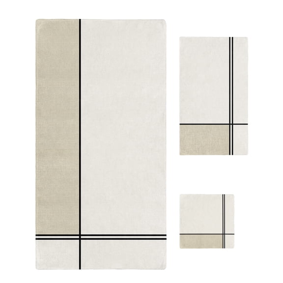 Beige Geometric Towel Set of 3, Soft Microfiber Bath Towels, Hand Towel, Washcloths, Modern Color Block Black Lines Abstract Art Quick-Dry Absorbent Towels for Bathroom Kitchen Hotel Beach Gym Spa
