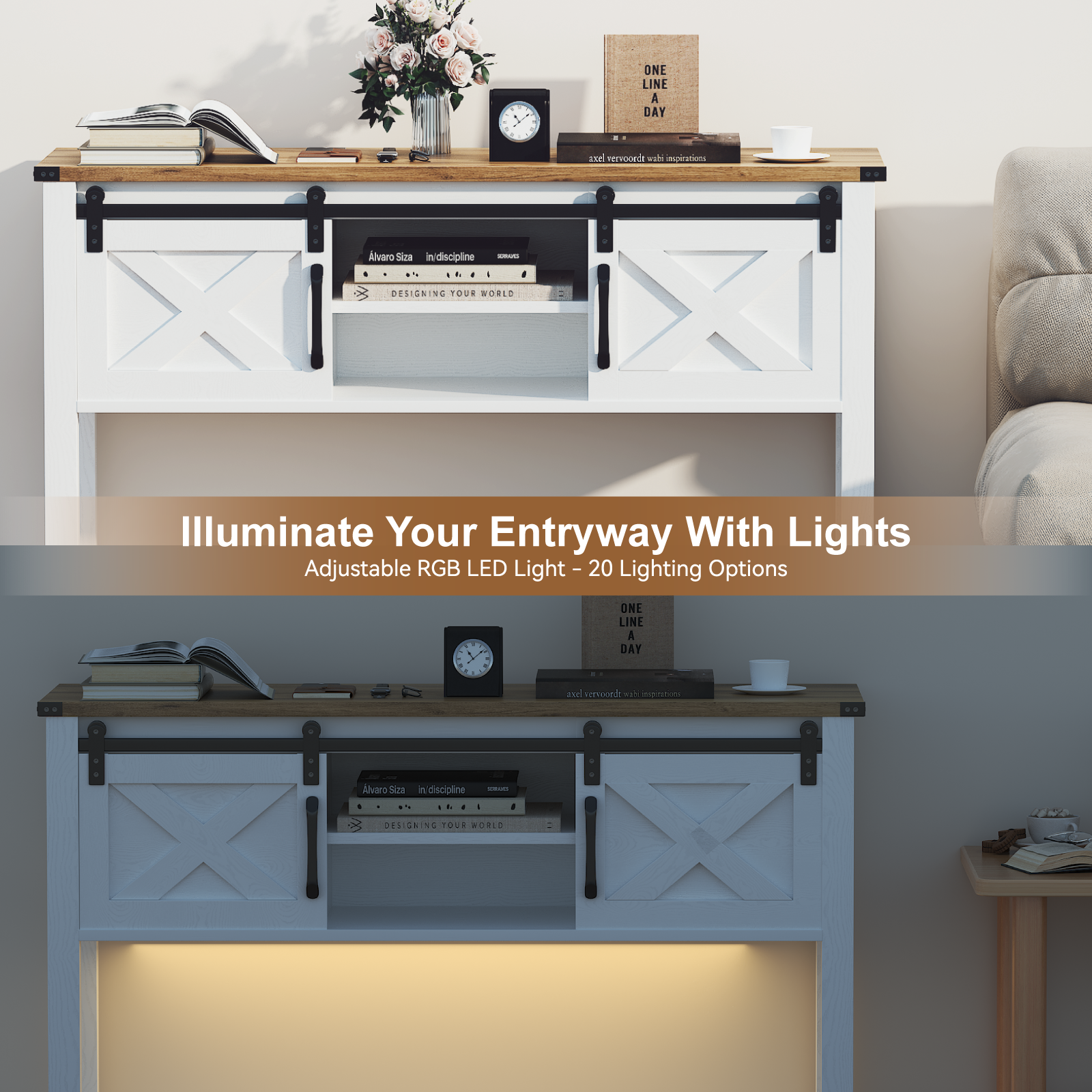 EVOKEDEN Farmhouse Entryway Table w/ LED Light & Sliding Barn Door, Adjustable Open Shelves, Antique White Hallway for Living Room Bedroom