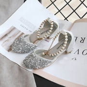 7-8 Years Girls Sandals Glitter Dress Shoes Princess Crystal High Heels Party Wedding Toddler Shoes Girls Cute Fashion Sequin Pearl Chain Non-slip Leather Princess Shoes Silver