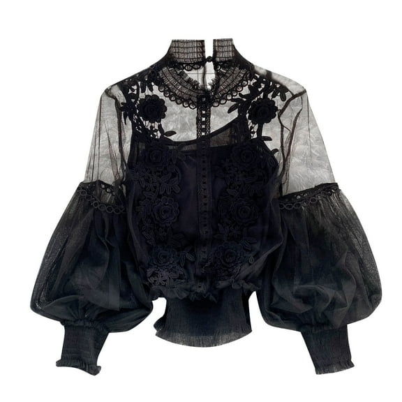 DuoJiaJ Sense Of Design Three Flowers See Through Mesh Balloon Sleeve Slim Crop Top Women's Lace Base Layer Workout Tank Tops Women