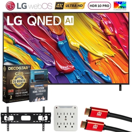 LG 75 inch QNED AI 4K QNED82A Smart TV (2025) Bundle with CPS Exclusive 26 Month Protection, 2x HDMI Cable, Wall Mount, 6-Outlet Surge Adapter & Deco Gear Complete Home Theater Beginner's Guidebook