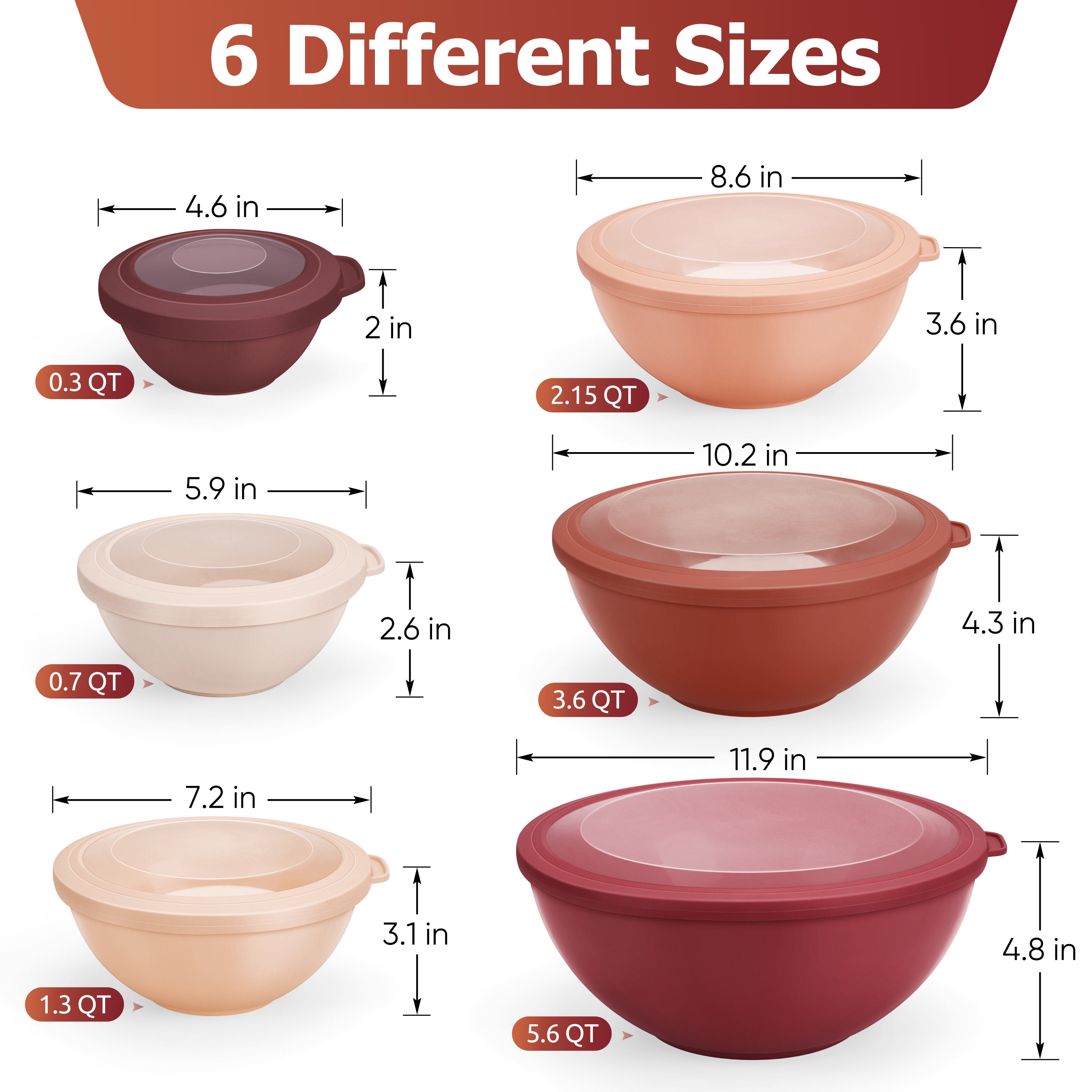 Vesteel 6-Piece Mixing Bowl Set With Lids, Red photo 6