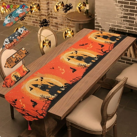 

Spencer Halloween Decorative Table Runner Linen Table Cloth with Tassels for Halloween Dinner Parties Supplies Home Decorations （Ghost）