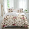 thumbnail image 2 of Vintage Pink Red Floral Bedding 3 Piece Duvet Cover Set Queen Size, Farmhouse Flower Green Leaf Soft Microfiber Comforter Cover with Zipper Closure & Pillowcases, Wrinkle & FadeResistant Quilt Cover, 2 of 9