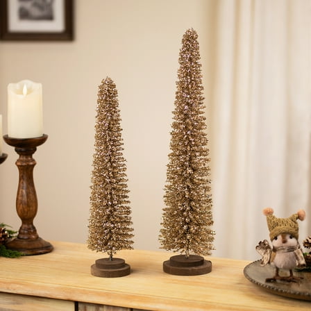 Northlight Glittered Tinsel Tree Christmas Decorations - 19.5" - Gold - Set of 2