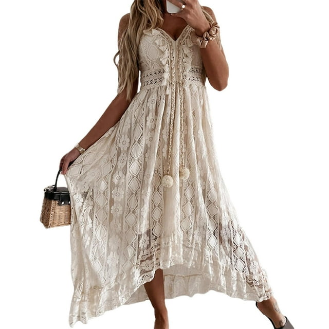 Femmes Robe Dentelle Grand Ourlet Été Élégant Bretelles Spaghetti Robe Midi pour Fête