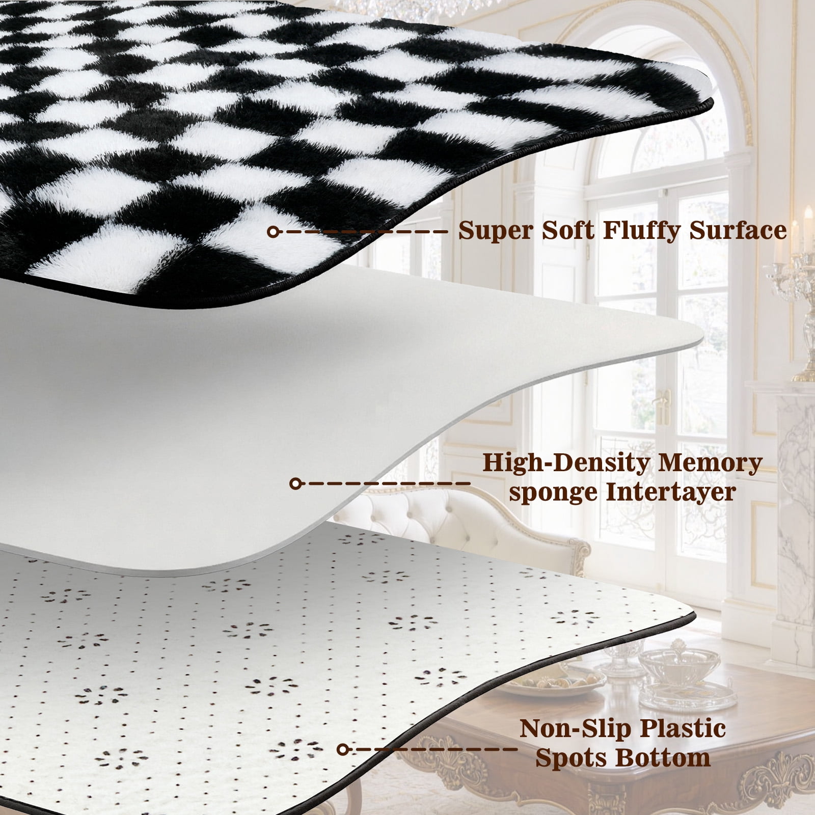 ZRSDIXK 8'x10' Area Rugs for Living Room, Large Shag Fluffy Rug Checkered Carpet, Black & White