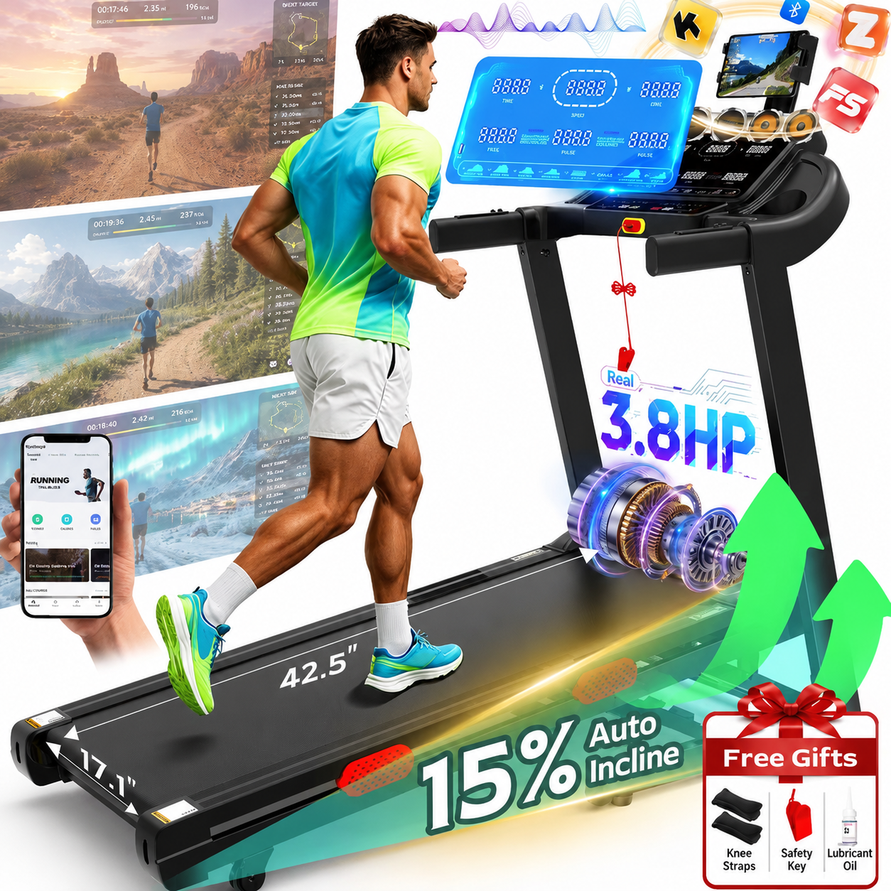 Folding Treadmill for Home with 15% Auto Incline, 3.8HP Brushless Motor Treadmill, Treadmill 300 lbs Capacity with 0.6-9 MPH Speed, Bluetooth App Control, 105 Workout Programs, Home Fitness Equipment