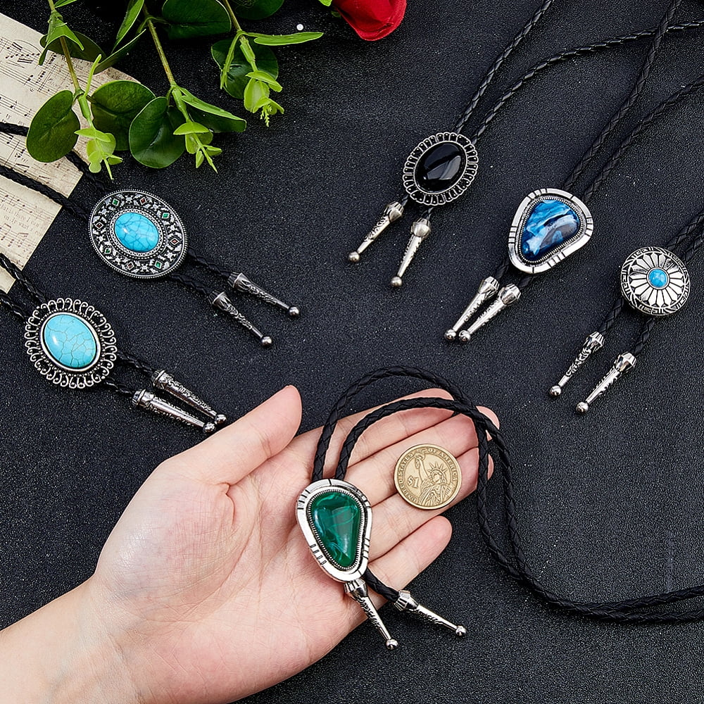 6Pcs 6 Styles PU Leather Acrylic & Resin Cord Bolo Tie Lariat Necklaces for Women Silver 19.41~41.97 inch (49.3~106.6cm) 1pc/style