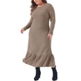 thumbnail image 4 of Agnes Orinda Women's Plus Size Dress Ribbed Knit Crew Neck Long Sleeve Ruffled Hem Casual Winter Mixi Dresses 1X Khaki, 4 of 6