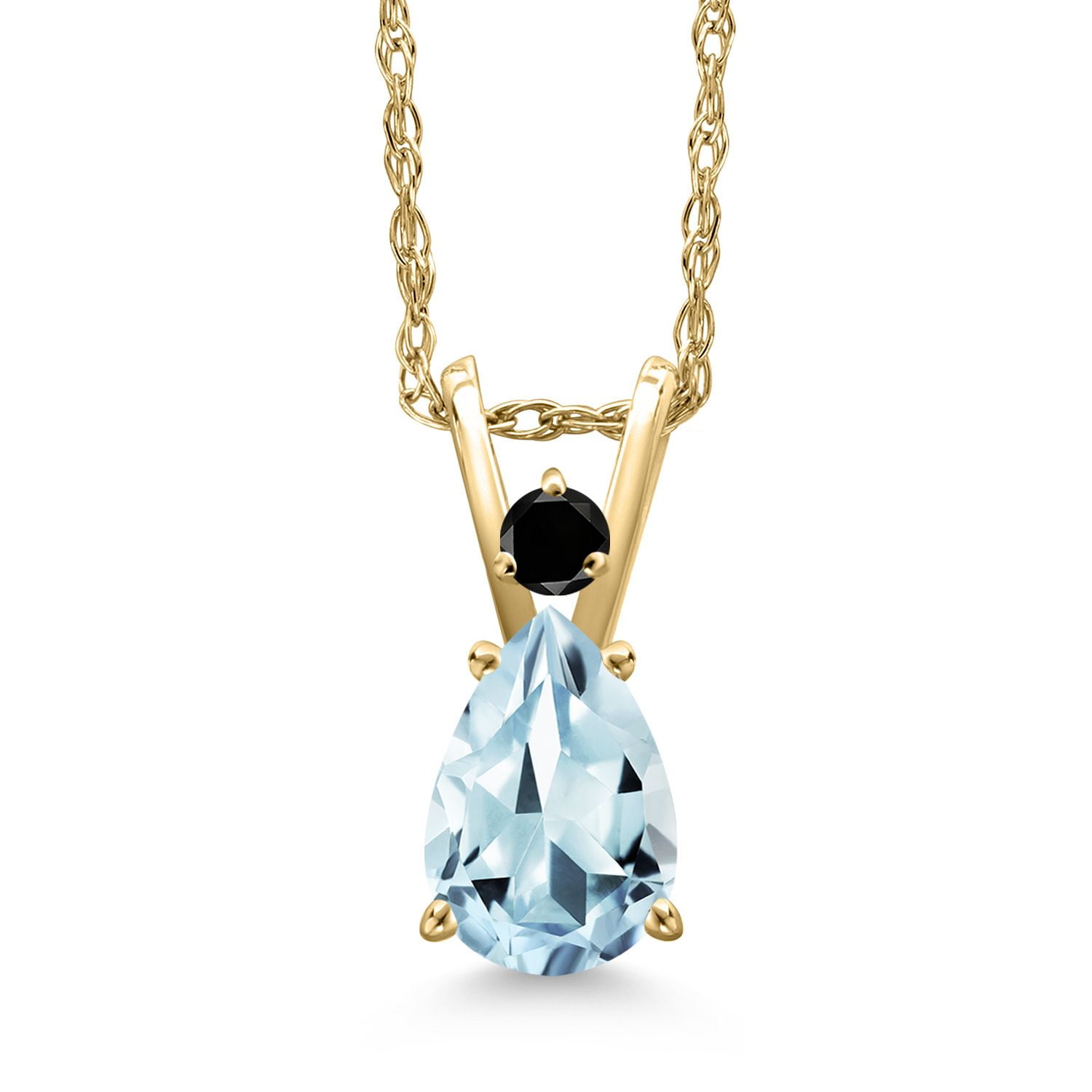 Gem Stone King 14K Yellow Gold Sky Blue Aquamarine and Black Diamond Pendant Necklace for Women | 0.68 Cttw | Gemstone March Birthstone | Pear Shape 7X5MM | With 18 inch Chain