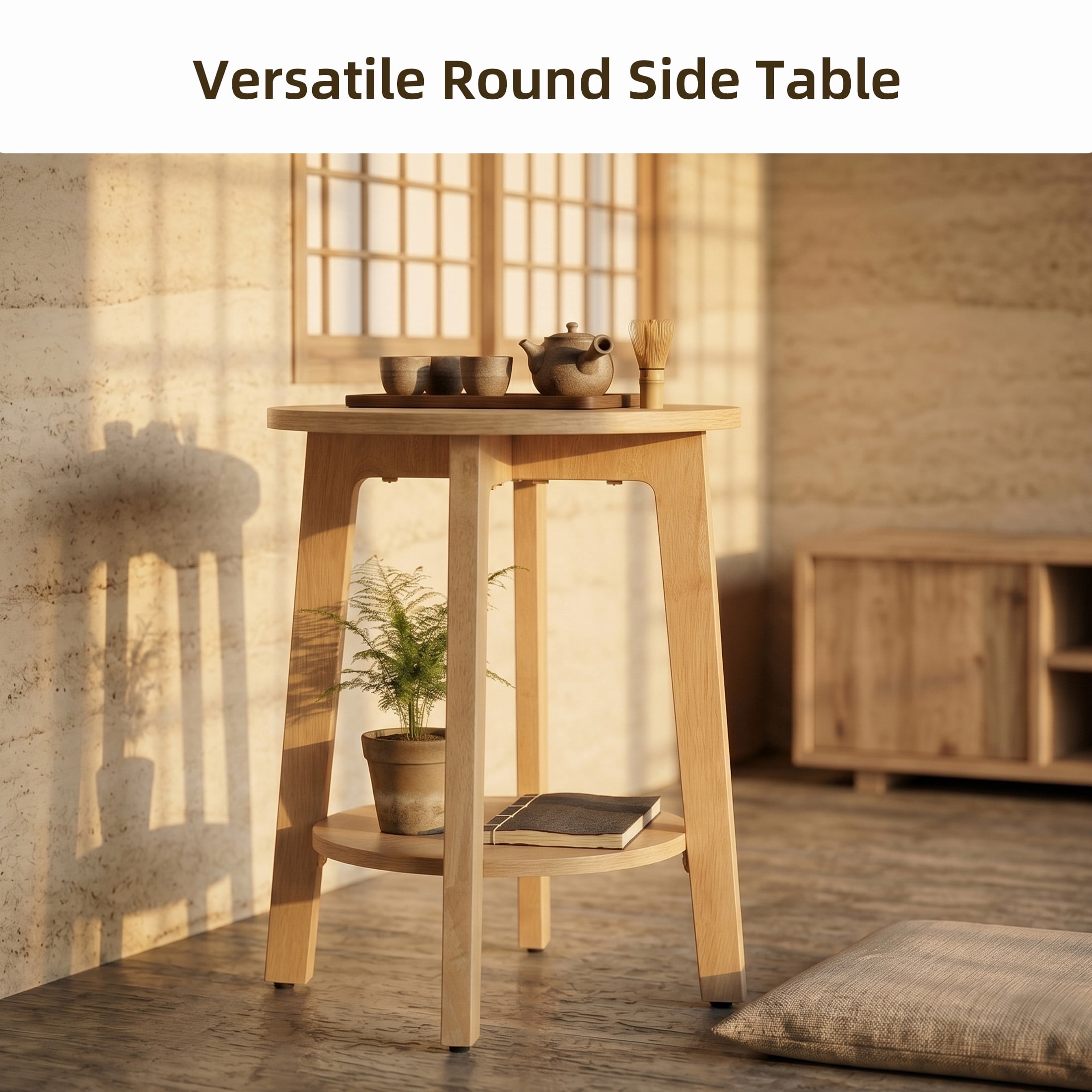 EDX Small Round End Table Set of 2, Modern Nightstand with Tapered Legs, 2-Tier Storage Side Table, Easy Assembly, Space-Saving Accent Table for Living Room Bedroom, Natural Wood