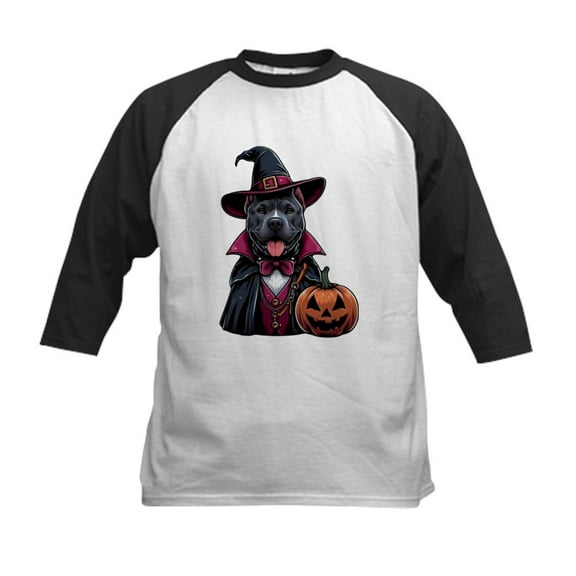 CafePress - Costumed Pitbull Halloween Kids Baseball T Shirt - Kids Cotton Baseball Jersey, 3/4 Sleeve Shirt